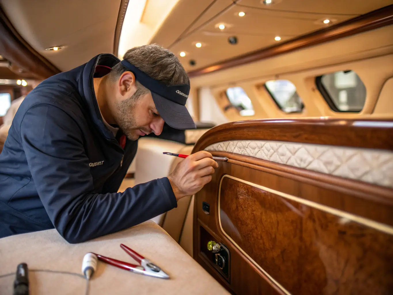 A detailed close-up shot of the handcrafted interior of a St Francis catamaran, showcasing the luxurious finishes, premium materials, and meticulous attention to detail in the woodwork and upholstery.